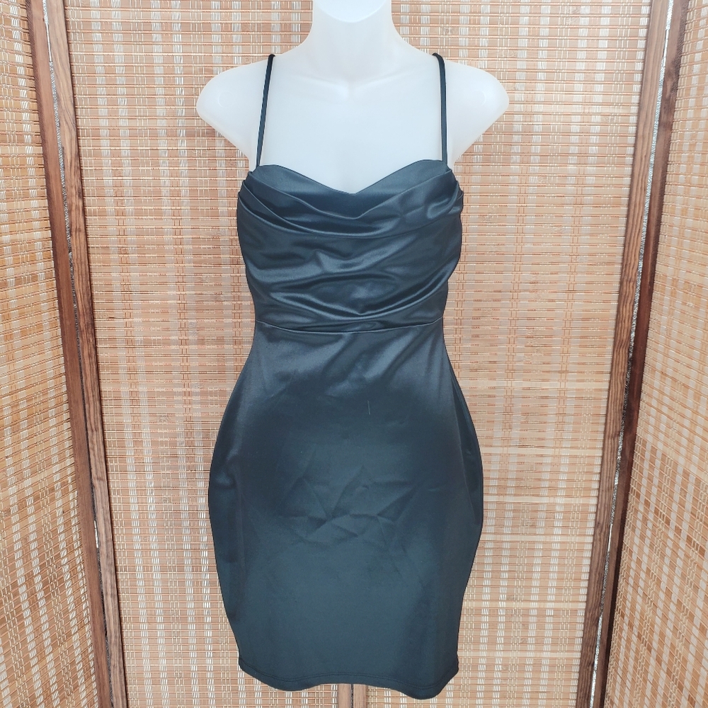 ♧ Glare Black Satin Ruched Cocktail Mini Dress Size Medium